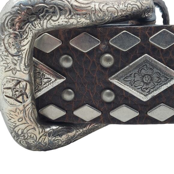 Ariat Dark Brown Leather Belt 38/95 Diamond Silver Tone Stud Tooled Buckle - Picture 5 of 13